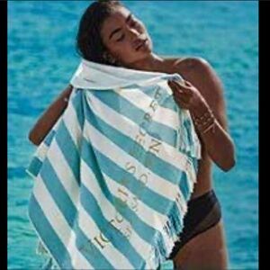 Victoria's Secret Cotton Teal Stripe Beach Towel Embroidered
